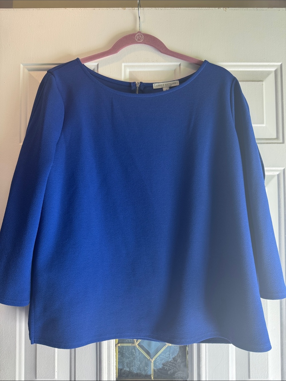 Green Envelope Cobalt Blue Crewneck 3/4 Peek A Boo Sleeve Blouse Size Large